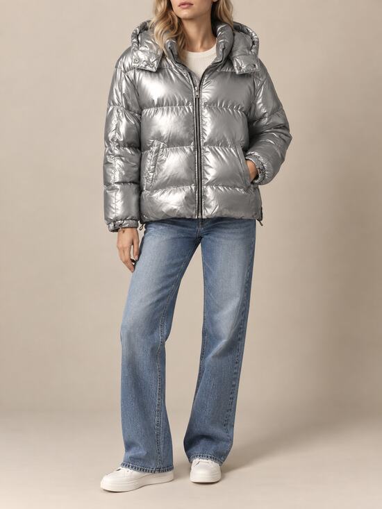 Lattelier Jackets & Blazers - Lattelier Puffer Jacket Womens Medium Silver Shiny Down Filled Zip Winter Hood